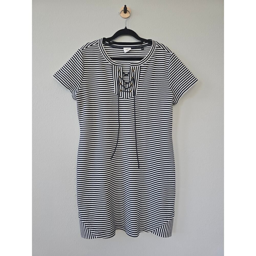 Cabi Captain Dress M Navy White Striped Nautical Lace-Up Casual Stretchy Soft
